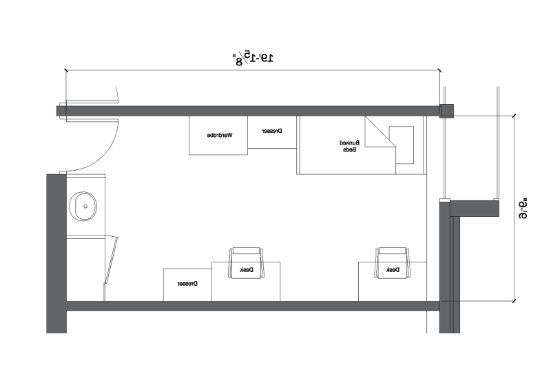 Architectural floor plan of a typical room in Riverview Hall courtyard level.