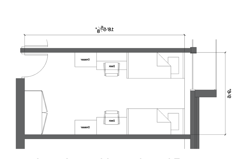 Architectural floor plan of a typical room in Riverview Hall.